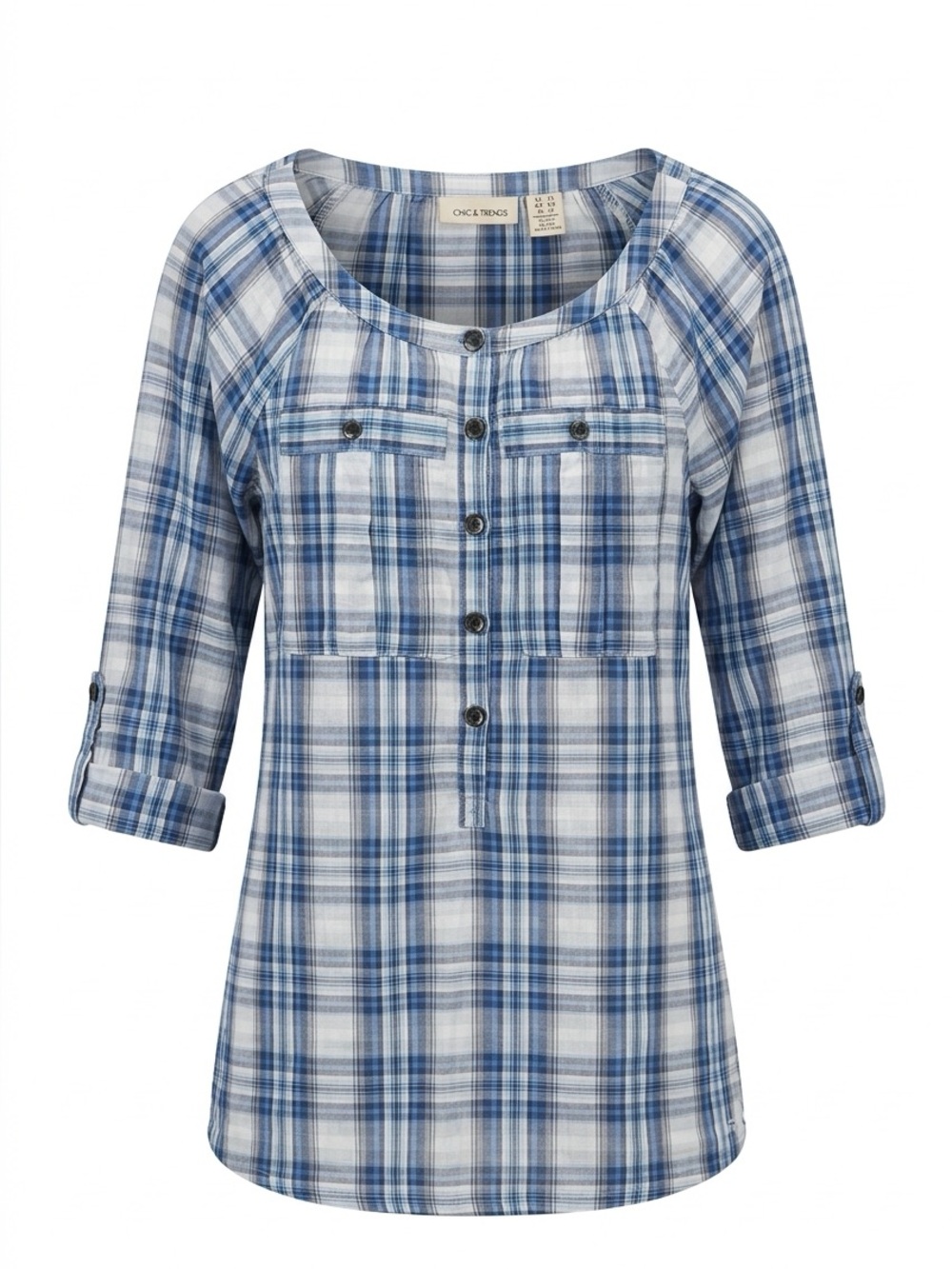 NWT DKNY Jeans Women's 3/4 Sleeve V-Neck Casual Plaid Tunic Shirt Size XS